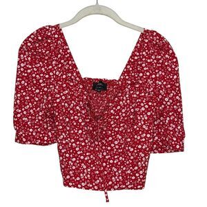 Bardot Blouse Womens Small Red Floral Cropped Puff Sleeve V Neck Tie Front